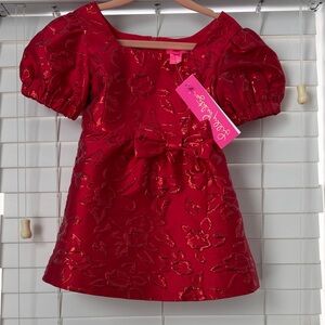 Lilly Pulitzer Toddler Size 2 Alannah Dress “Amaryllis Red Puff Floral Brocade”